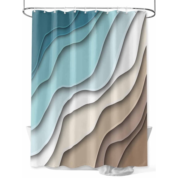 Abstract Geometric Shower Curtain, Teal Brown Gradient Waves Beach Waterproof Shower Curtain Set with 12 Hooks Lightweight Washable Fabric Shower Curtains for Bathroom 72x72 Inches