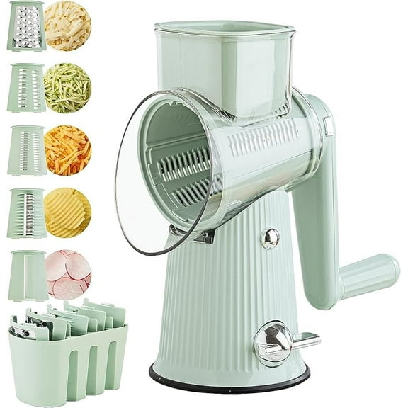 CZQ Rotary Cheese Grater with Handle: 5 in 1 Cheese Grater Hand Crank Cheese Shredder with Strong Suction Base Kitchen Vegetable Slicer with 5 Interchangeable Blades, Storage Box, Green