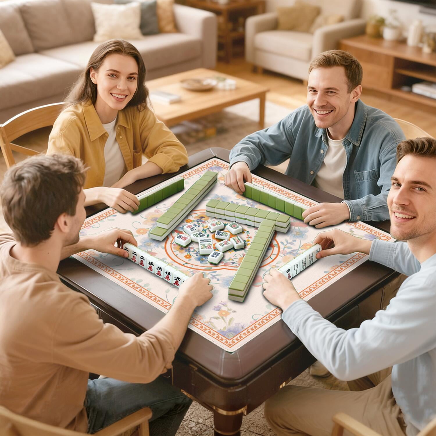Flowers Mahjong Mat with Rules, 31.5*31.5in Anti Slip Mahjong Mat for Table, Noise Reduction, Neoprene Mah jongg Mats with Carrying Bag & 3 Dices, Mahjong Supplies Gift, Board Tile Games Mats