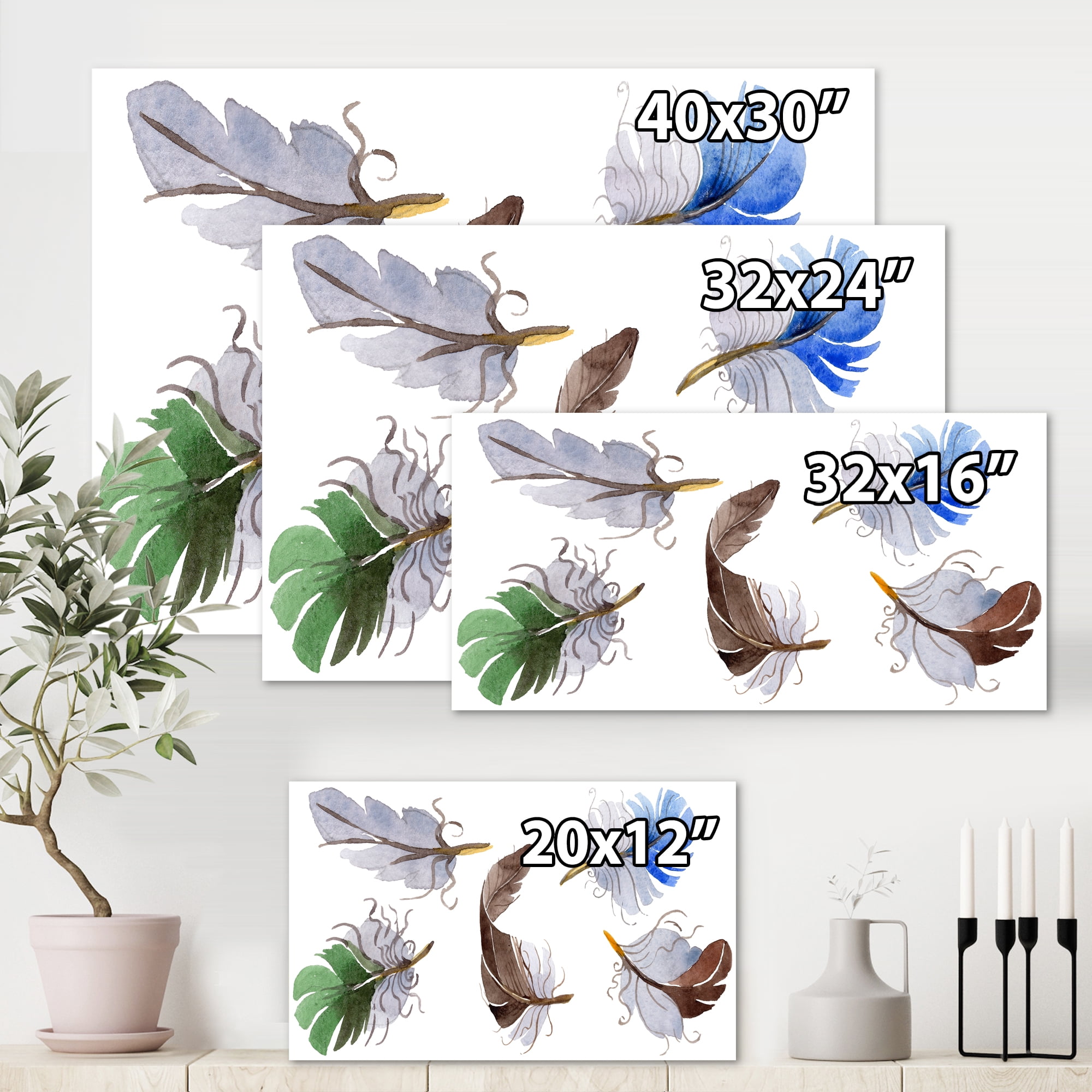 Designart ' Colourful Boho Feather Set On White IV ' Bohemian & Eclectic Canvas Wall Art Print
