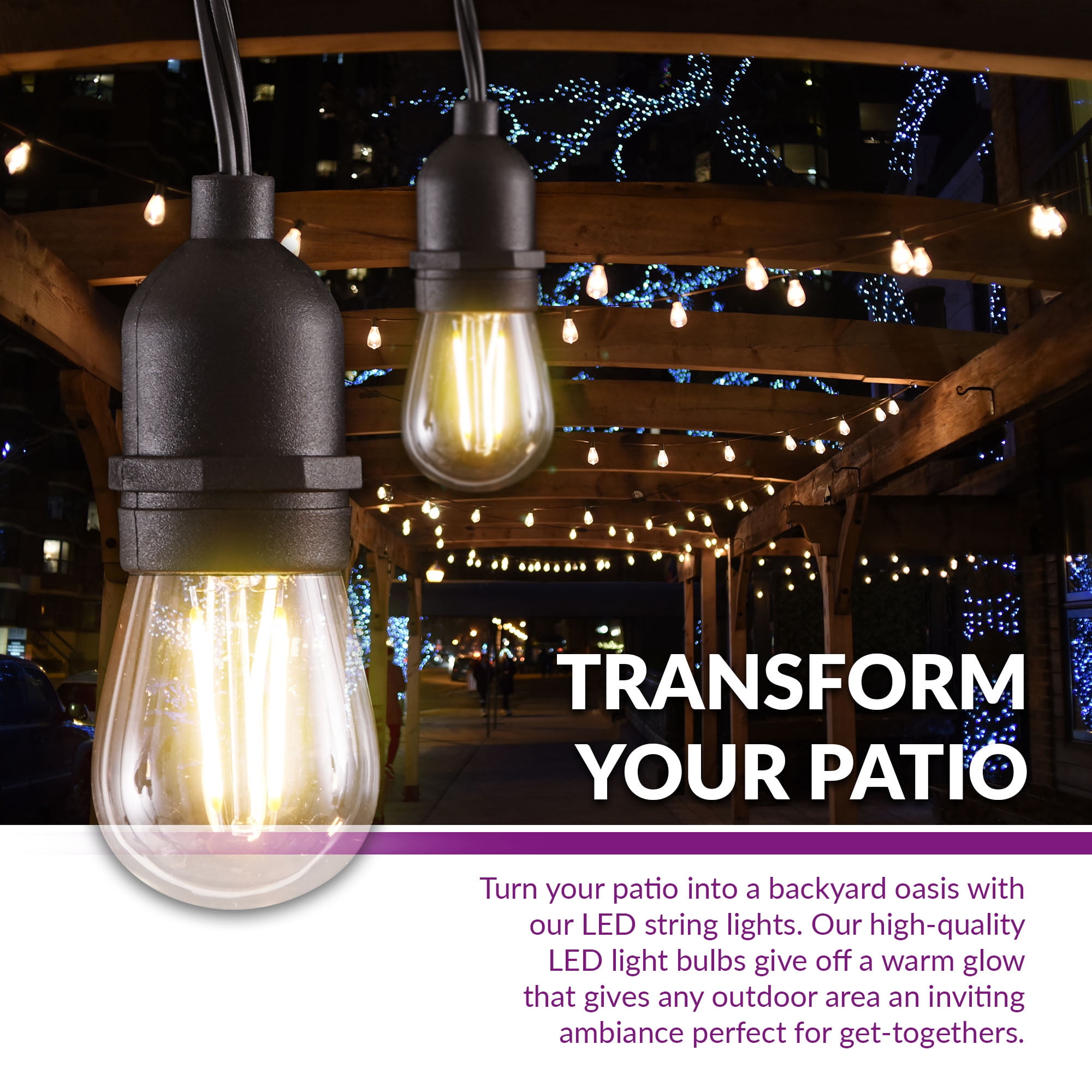 48-ft String Lights w/(16) Plastic LED Filament Bulbs Included