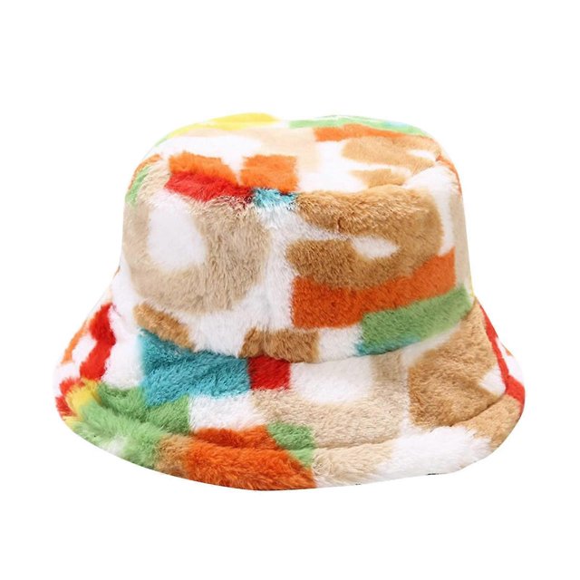Faux Fur Fisherman Hat Adjustable Women's Hat Colorful Letter Print Bucket Hat Furry Sun Hat Winter Clothing Accessories, E