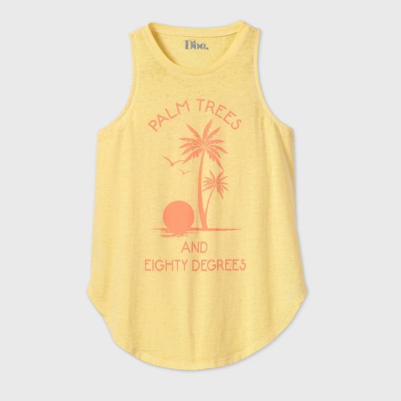 Women's Palm Trees Eight Degrees Graphic Tank Top - Mustard, Large
