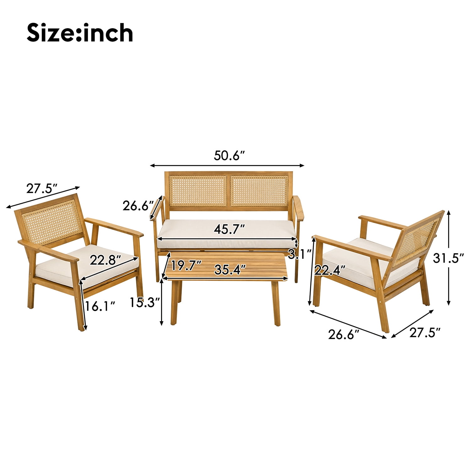 Kepooman 4 Piece Outdoor Acacia Wood Sofa Set for Garden, Outdoor Furniture Set with 2 Single Chairs, 1 Rectangular Table, Double Chair, Natural Kepooman 4 Piece Outdoor Acacia Wood Sofa Set for Garden, Outdoor Furniture Set with 2 Single Chairs, 1 Rectangular Table, Double Chair, Natural