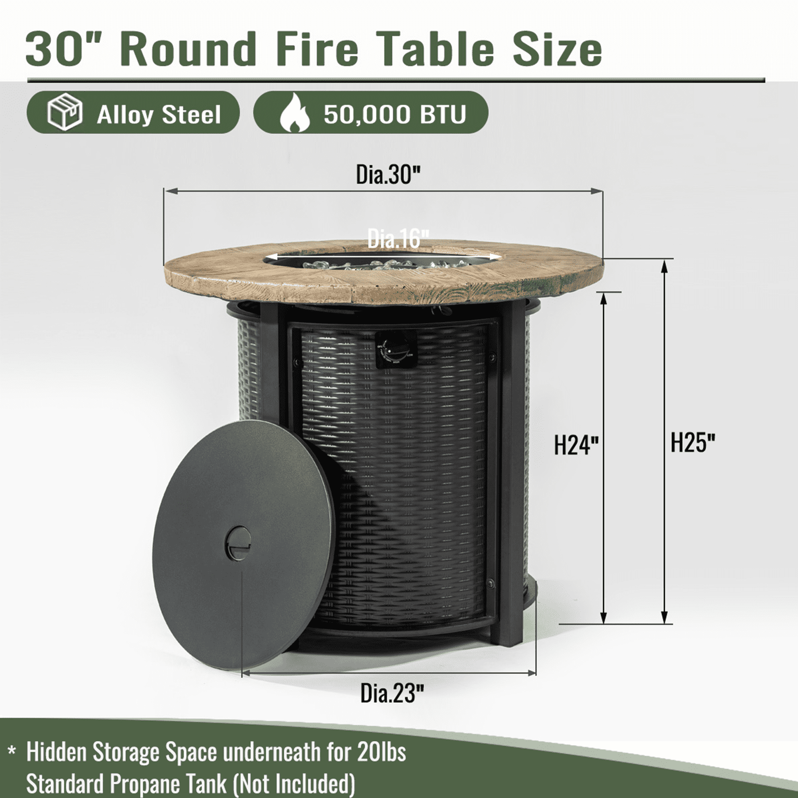 HONEY HOME 30" Round Propane Fire Pit Table, 50,000 BTU Steel Gas Fire Pit for Outdoor, Fire Table with Lid for Patio Deck Garden Backyard, Black.