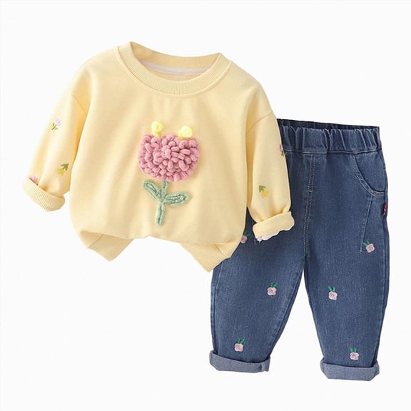 NIEWTR Toddler Baby Girl Fall Clothes Embroidery Sweatshirt Pullover Tops Casual Pants 6 9 12 18 24 Months 3T 4T Infant 2-Piece Winter Outfit Set(A-Yellow,6-12 Months)