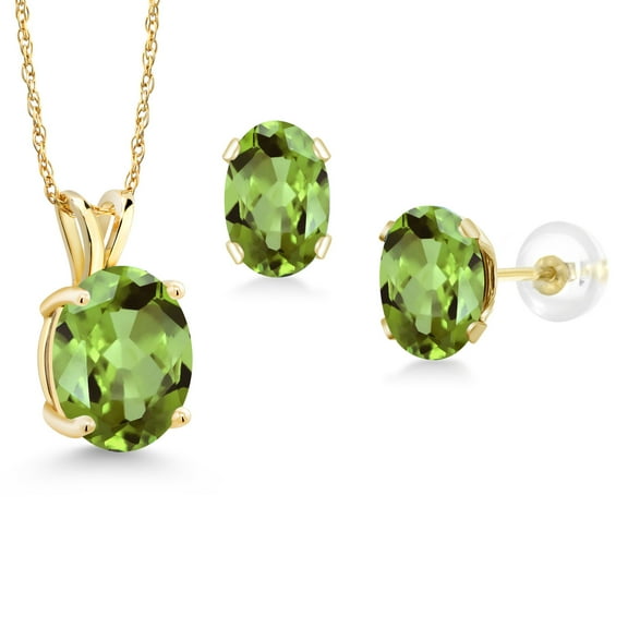 Gem Stone King 14K Yellow Gold Green Peridot Pendant and Earrings Jewelry Set for Women (5.64 Cttw, Oval 10X8MM and 8X6MM, Gemstone Birthstone, with 18 inch Chain)