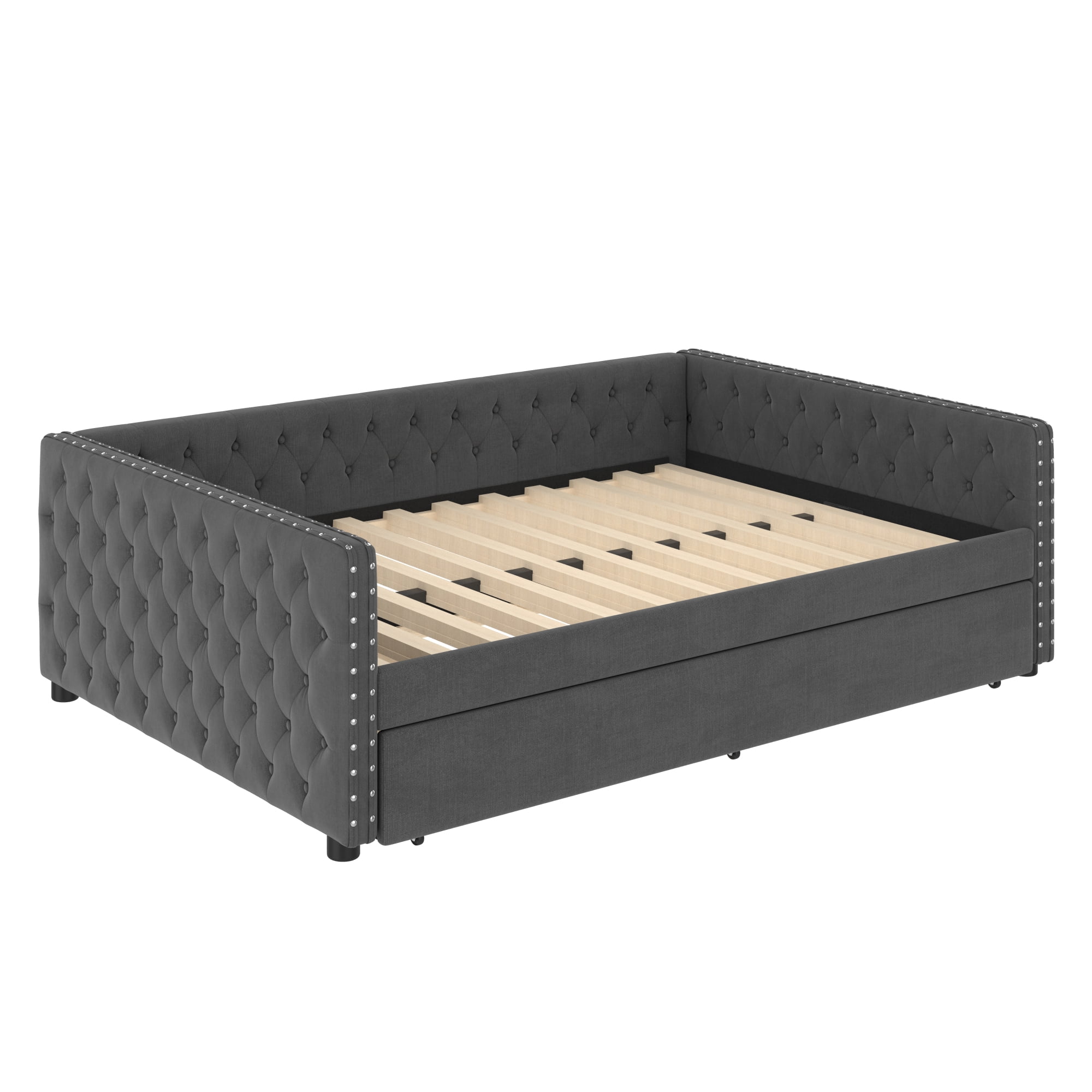Full Size Upholstered Daybed with Trundle,Tufted Sofa Bed with Button & Copper Nail on Square Arms,Gray