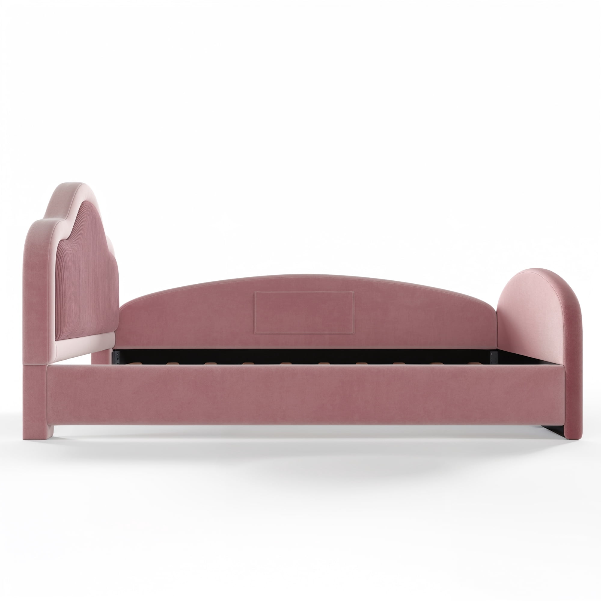 HOQBN Full Size Curved Headboard Upholstered Floor Bed, Upholstered Kids Bed Frame with Safety Side Rails and Storage Pocket, Low Floor Playhouse Bed for Kids Bedroom,Pink