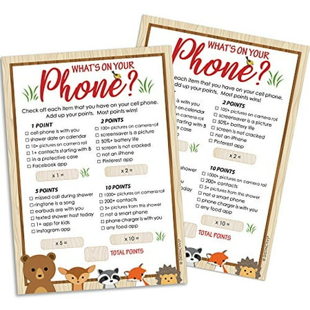 Woodland Themed Baby Shower Woodland Baby Shower Game for 20 Guests - What’s On Your Phone Woodland Creatures Animals Theme Baby Shower Supplies - 20 Game Cards ()
