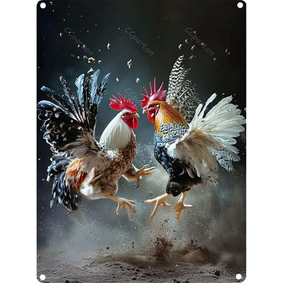 Vintage Rooster Fight Metal Tin Sign Chickens Wall Art Decor for Home Kitchen Bar Garage Farmhouse 8x12 Inch Aluminum Poster Rustic Countryside Poultry Artwork