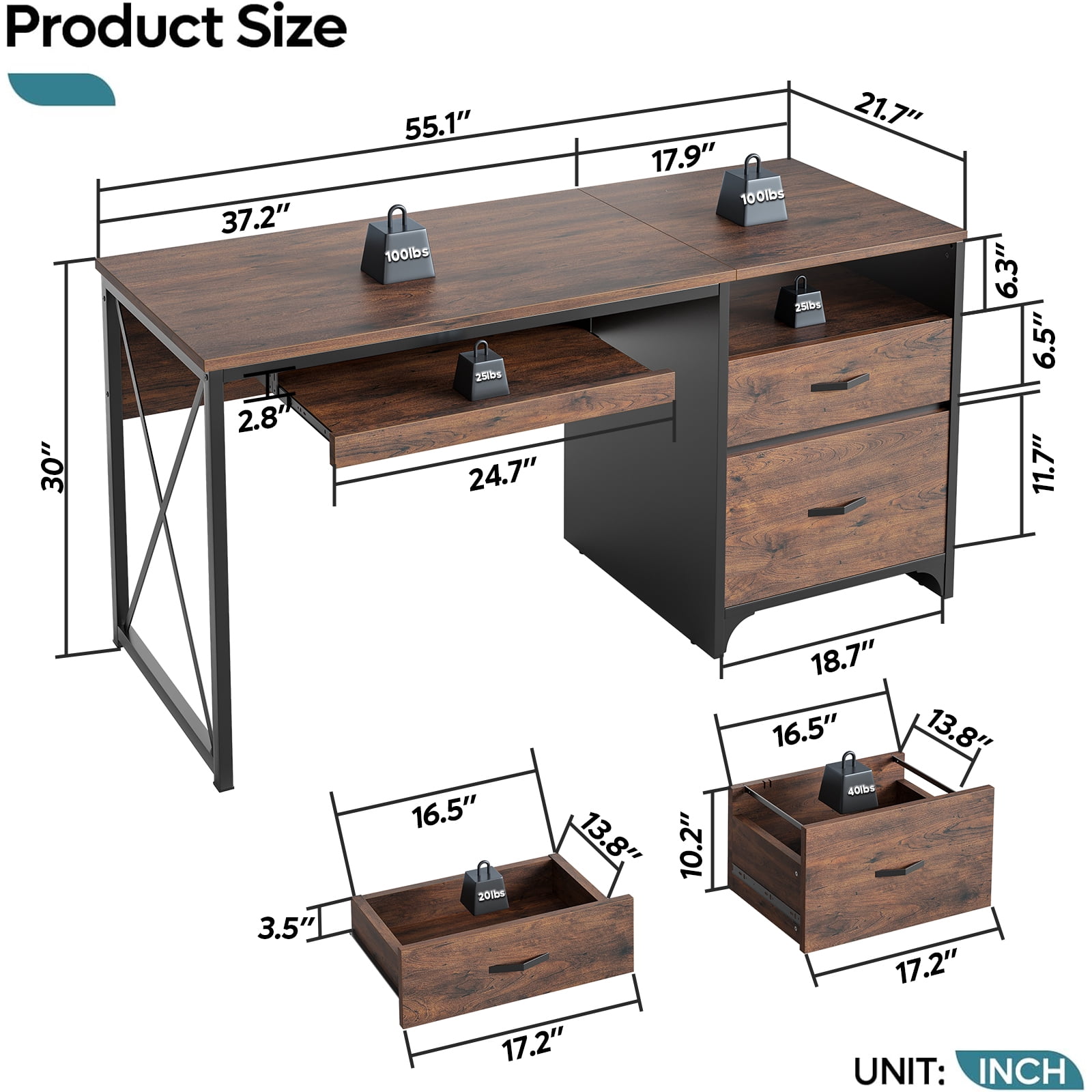 Bestier 55 inch Computer Desk with Storage Drawers & Keyboard Tray & File Drawer Home Office Desk Cherry