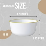 Crown Display White Gold Rim Plastic Bowls 16 Oz 30 Count | Heavy Duty Disposable Soup Bowls