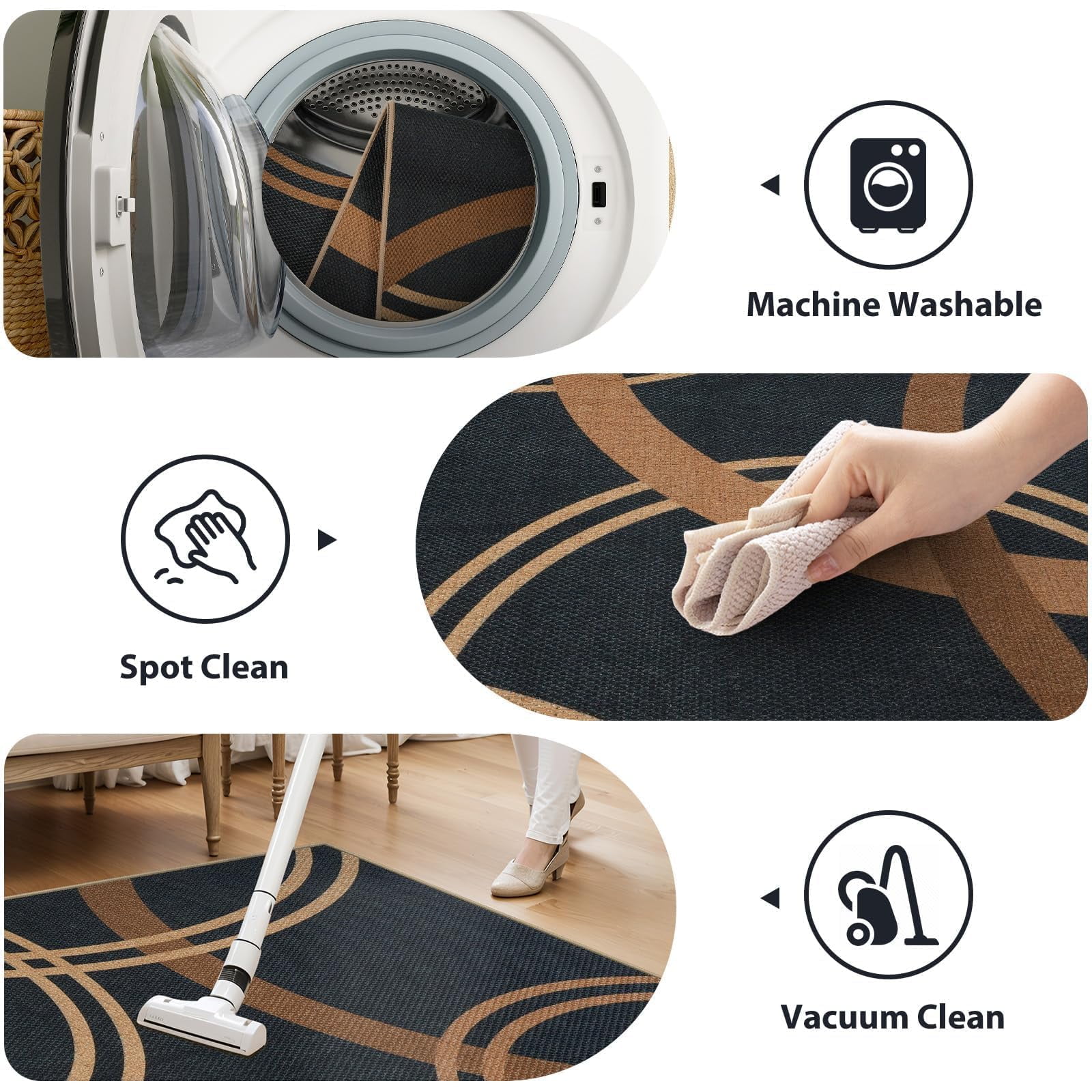 SUNDEREY 2'6"x8' Geometri Kitchen Rug,Runner Rugs 2.6x8ft Hallway Easy Jute Rug,Non Slip Washable Circular Pattern Rug,Soft Non-Slip Khaki Indoor Carpet for Entryway Laundry Bedroom,Black