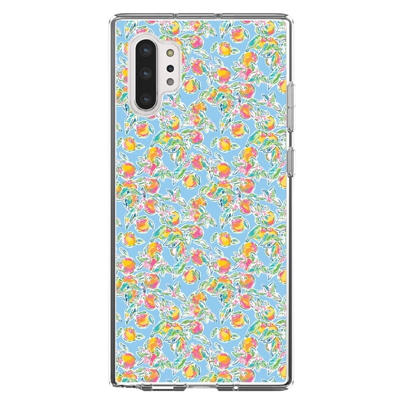 DistinctInk Clear Shockproof Hybrid Case for Galaxy Note 10 PLUS (6.8" Screen) - TPU Bumper, Acrylic Back, Tempered Glass Screen Protector - Preppy Pattern - Orange & Blue Flowers Floral