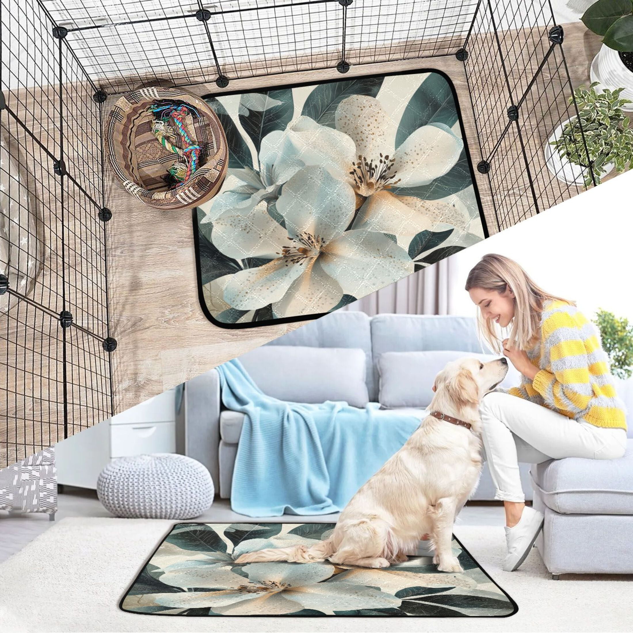 Qxltty Exotic White Flowers Cat litter Pads Pet Set of 3 Diaper Mats Center Anti-leakage Layer Absorbent Soft and Comfortable