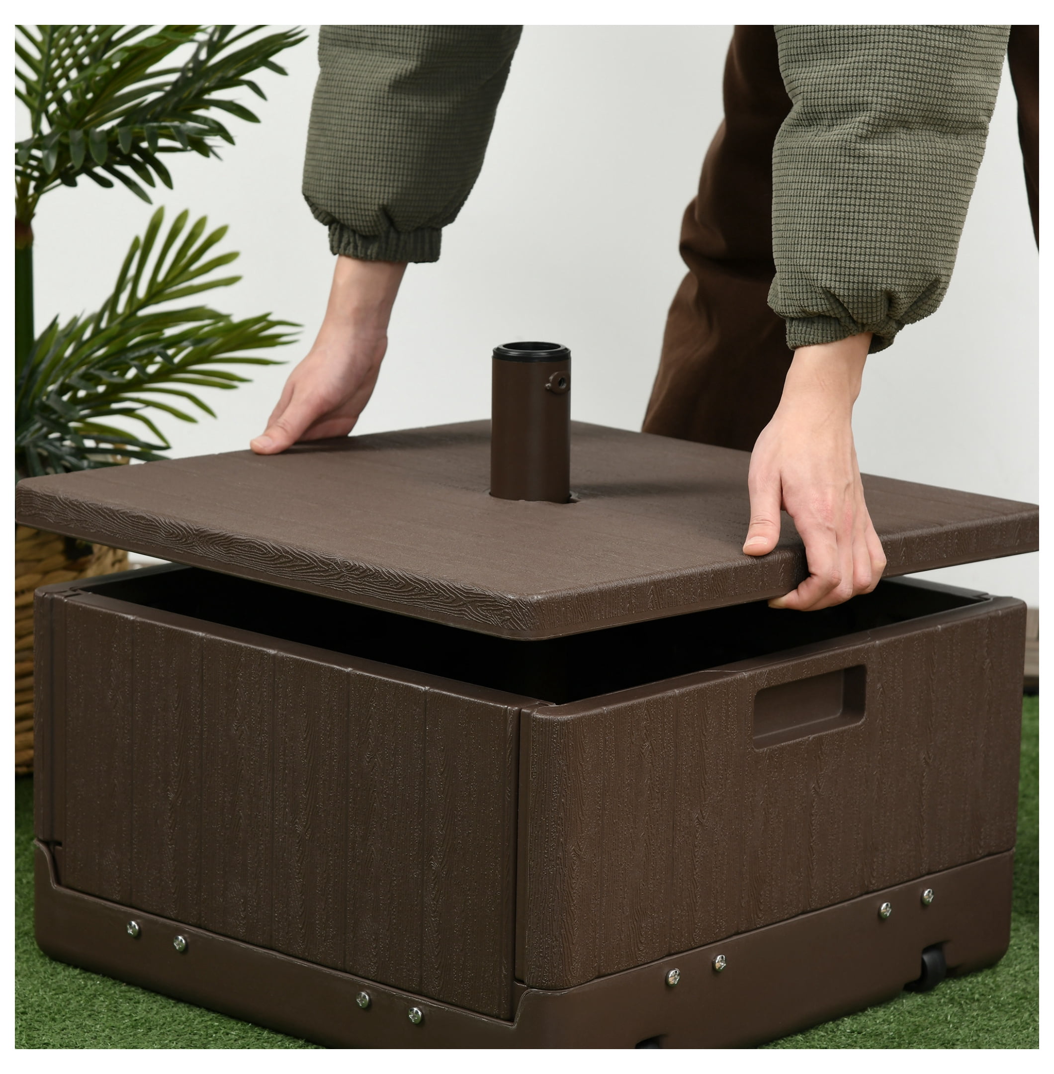 3-in-1 Outdoor Umbrella Base, Coffee End Table, Flower Box Planter, 175lbs Capacity Patio Umbrella Stand Table with Wheels and Handles, Brown