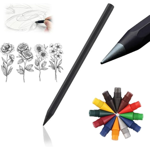 Reusable Forever Pencil with 12 Color Replaceable Nibs - Metal Alloy Inkless Writing Instrument No Sharpening Needed(LR Black 1 PCS)
