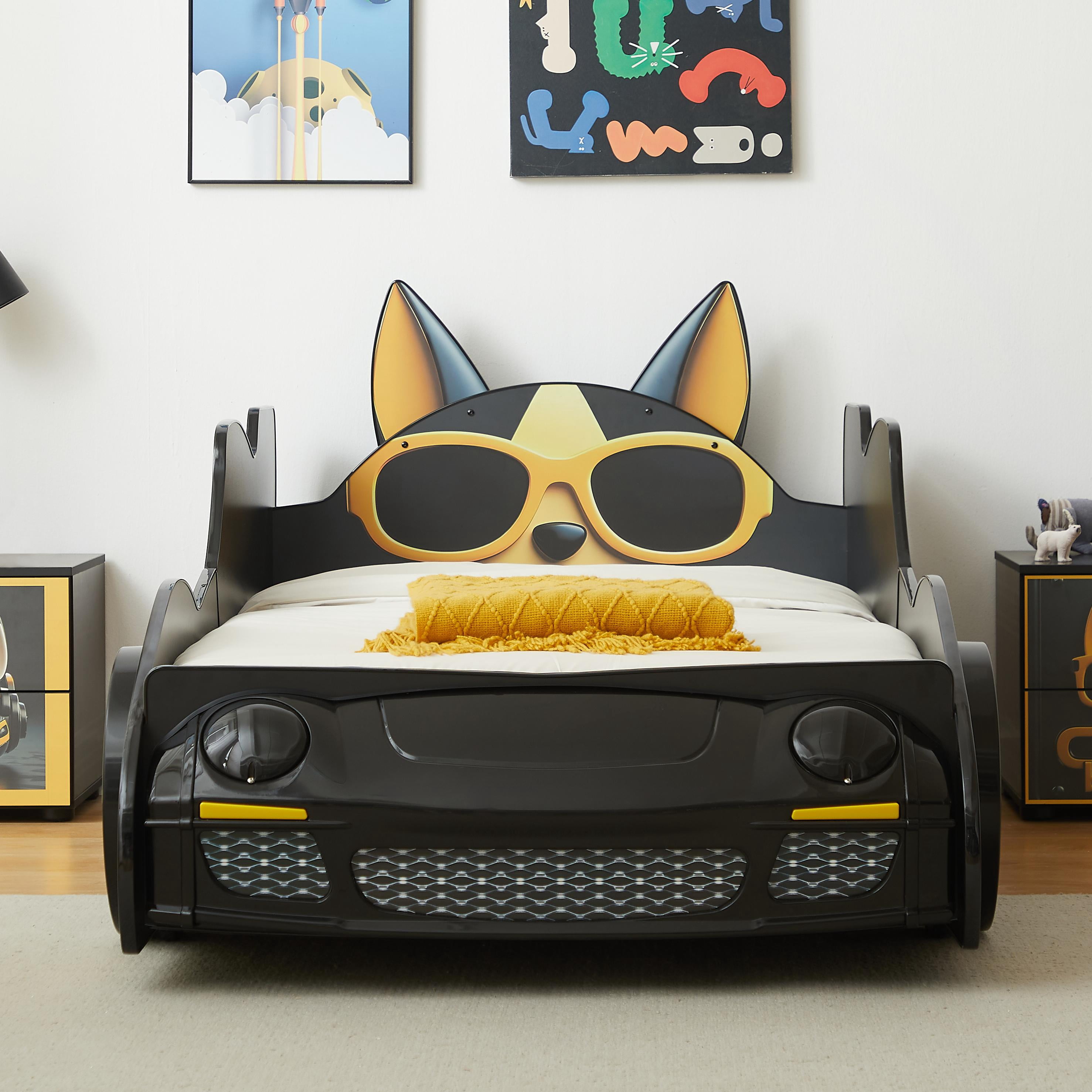 Kids Race Car Bed Frame Twin Size - Cartoon Dog & LED Headlight Design, 250lb Weight Capacity, Easy Assembly Montessori Floor Bed for Toddlers,Blue