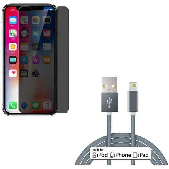 iPhone XS/X - 6ft MFi USB Cable w Tempered Glass Privacy Screen Protector - Certified Charger Cord Power Wire Braided Long, Curved Anti-Spy Anti-Peep 3D Edge Case Friendly