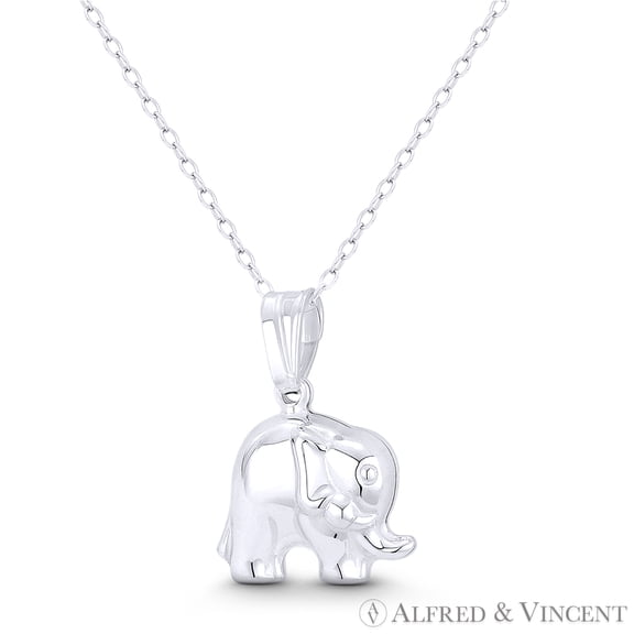Elephant Charm 21x16mm (0.8x0.6in) Hollow-Cast 3D Pendant & Chain Necklace in Italy .925 Sterling Silver