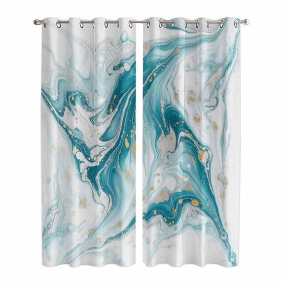 Kitchen Curtains 84 Inch Length 2 Panels, White Teal Marble Grommets Window Treatment Curtain, Modern Abstract Art Marble Fluid Thermal Curtains Drapes for Living Room/Bathroom