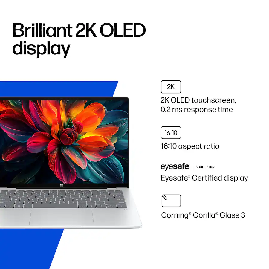 HP OmniBook 5 14-inch AI Laptop, 2K OLED Touchscreen, Snapdragon X Plus X1P-42-100, 16GB RAM, 512GB SSD, 34Hr Battery, Copilot+ PC, w/Stylus Pen