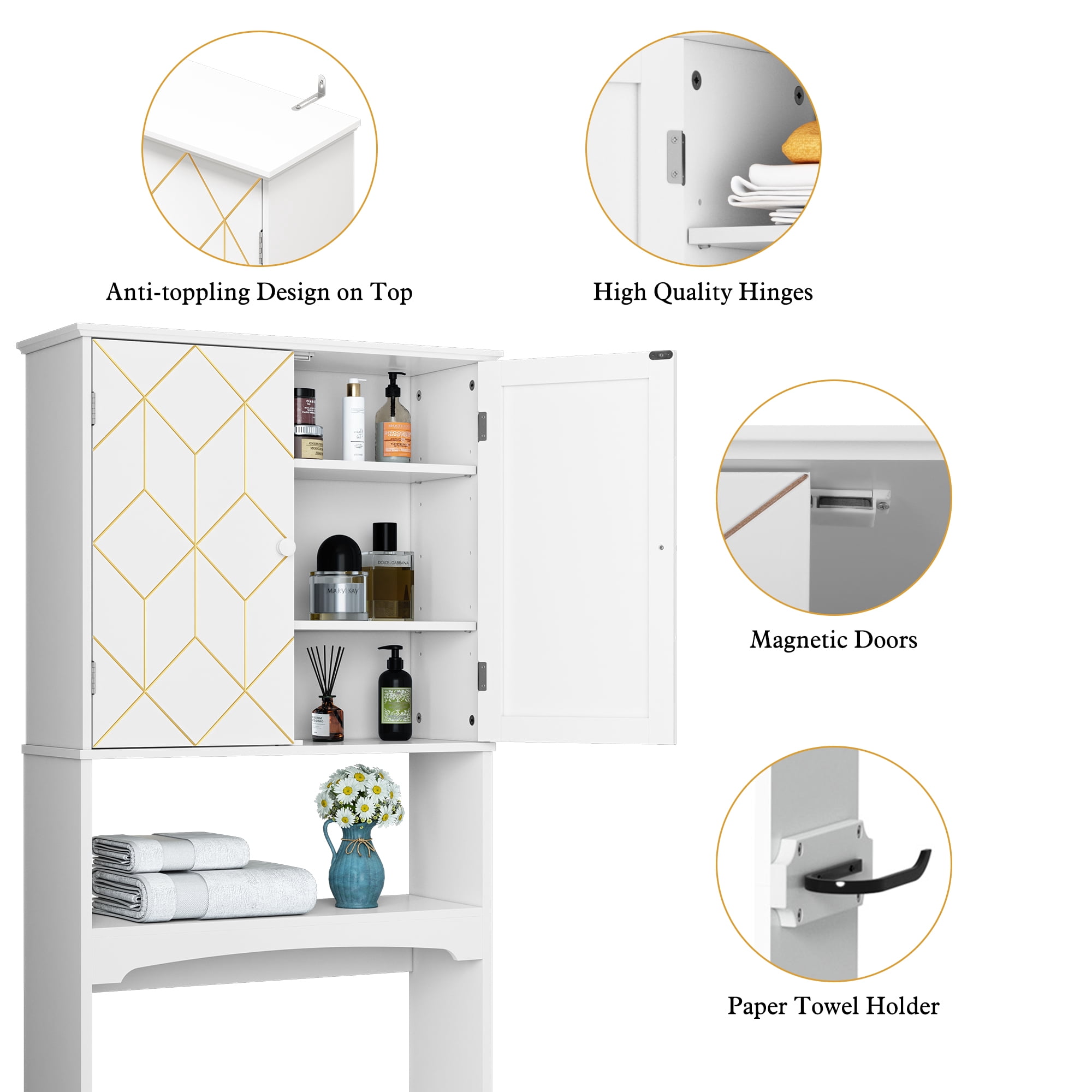 HLR Over The Toilet Storage Cabinet, Bathroom Above Toilet Storage Cabinet with Doors and Adjustable Shelves, White