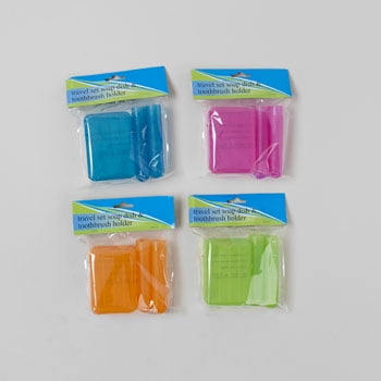 TRAVEL SET SOAP AND TOOTHBRUSH HOLDER 4COLORS HBA POLYBAG/HDR, Case Pack of 48