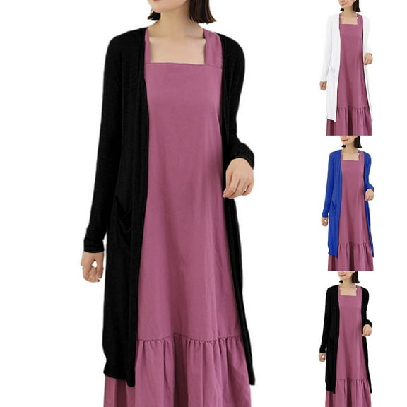 UTSJKR Women Long Sleeve Lightweight Maxi Cardigan, Open Front Going Out Vacation Fashion Tops Loose Casual Cardigan with Pockets Blue Free Size