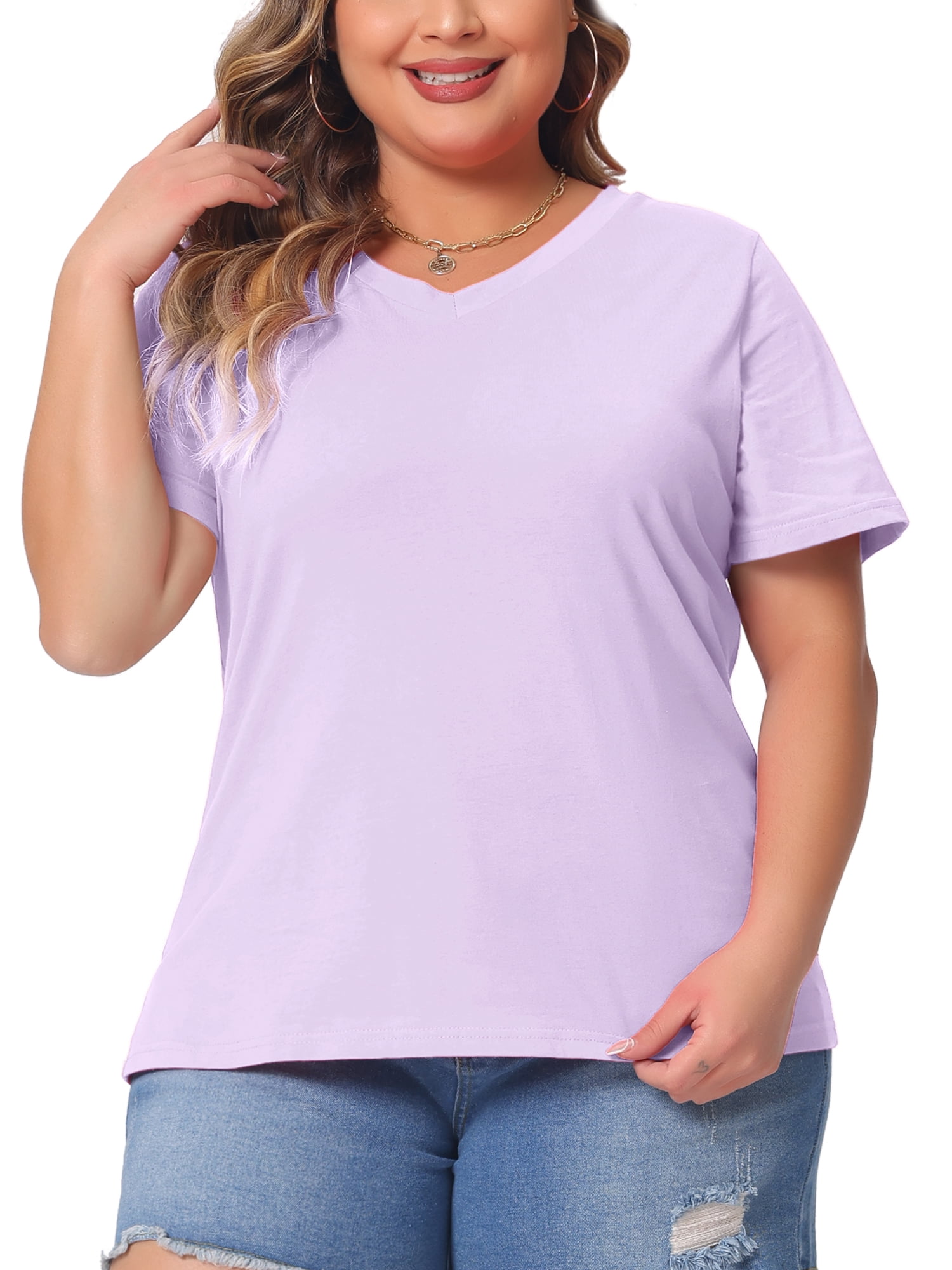 DARING DIVA Women's Plus Basic V Neck Short Sleeve Casual Tops T Shirts 1X Purple