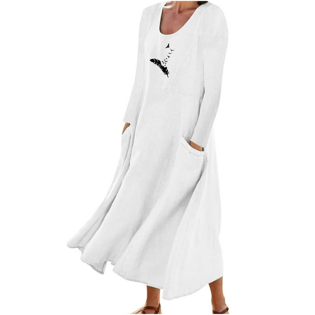 Robe en Lin de Coton pour Femmes Col Rond Imprimé Manches Longues Décontractée Ample Fluide Vacances Longue Robe avec Poches