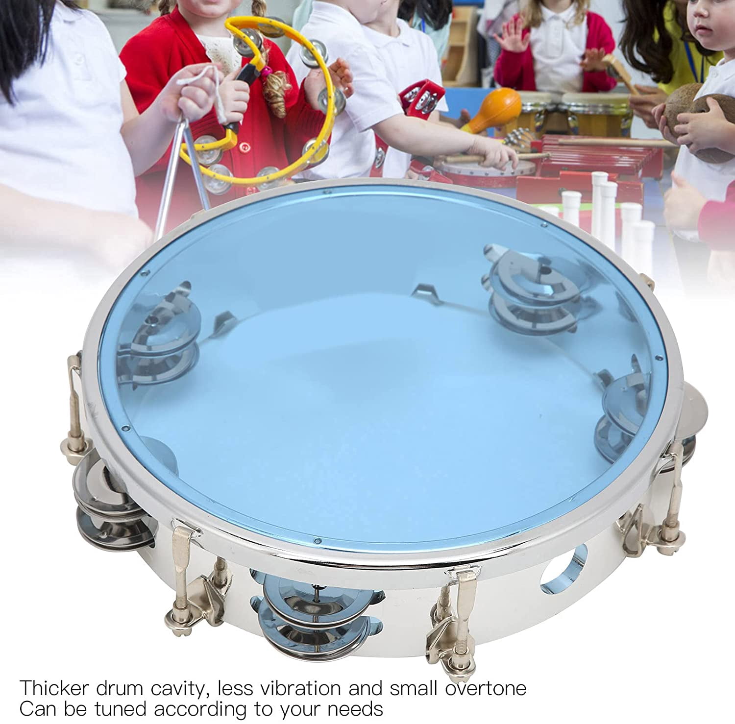 ABCISI 8 Inch Tambourine, Double Row Metal Jingles Hand Held Percussion Instrument with Drum Key for Church Worship Band Adults Beginners (Blue)