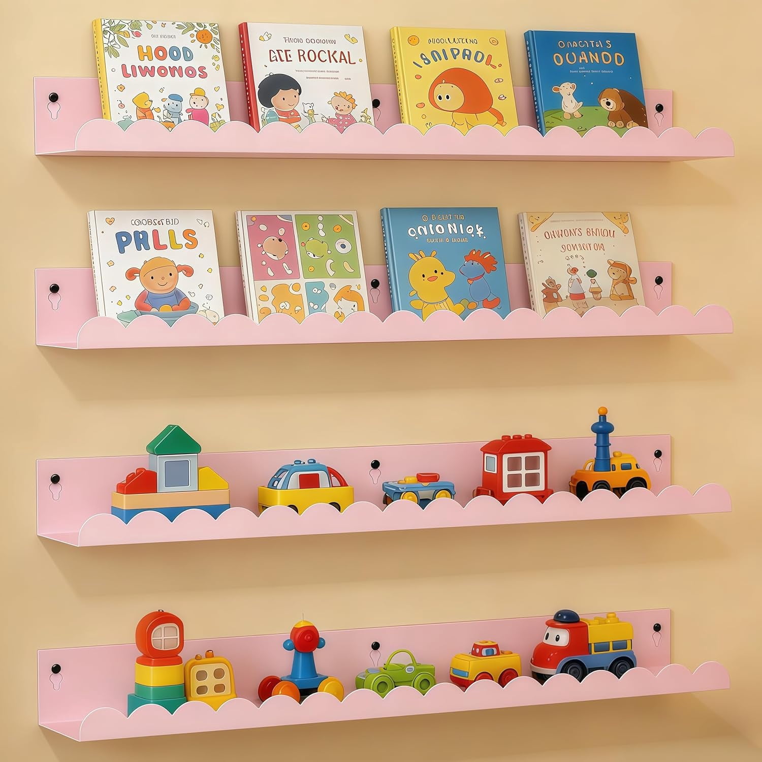 24 Inch Nursery Book Shelves Set of 4, Pink Metal Floating Shelves for Wall, Scalloped Cloud Book Shelf for Kids Room, Bathroom, Bedroom, Playroom Wall Decor & Storage