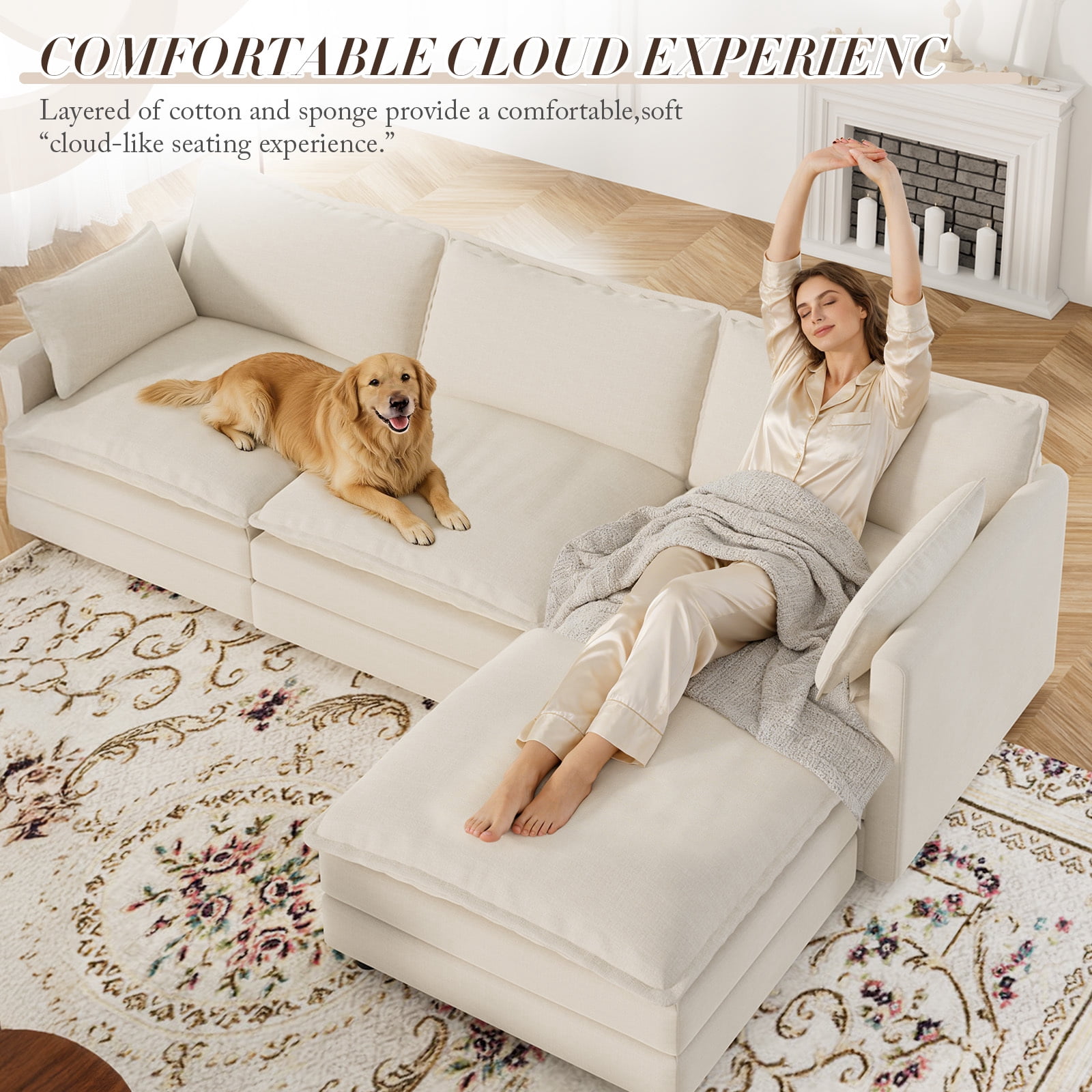 Muumblus Sectional Sofa Cloud Couch with Reversible Ottoman, L-Shaped Chenille Sofa for Living Rooms, Beige