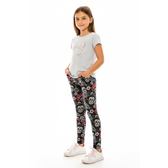 Creamy Soft Girls Kids Size Leggings, High Rise, Stretchy - by USA Fashion Sugar Skull Floral Medium