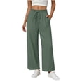 thumbnail image 3 of Women's Cotton Loose Straight Elastic Waist Pants with Pockets for Women, Mid Waisted Double Pocket Casual Long Trousers, Lounge Business Casual Outdoor Wear Womens | VerBelle,Army Green L, 3 of 7