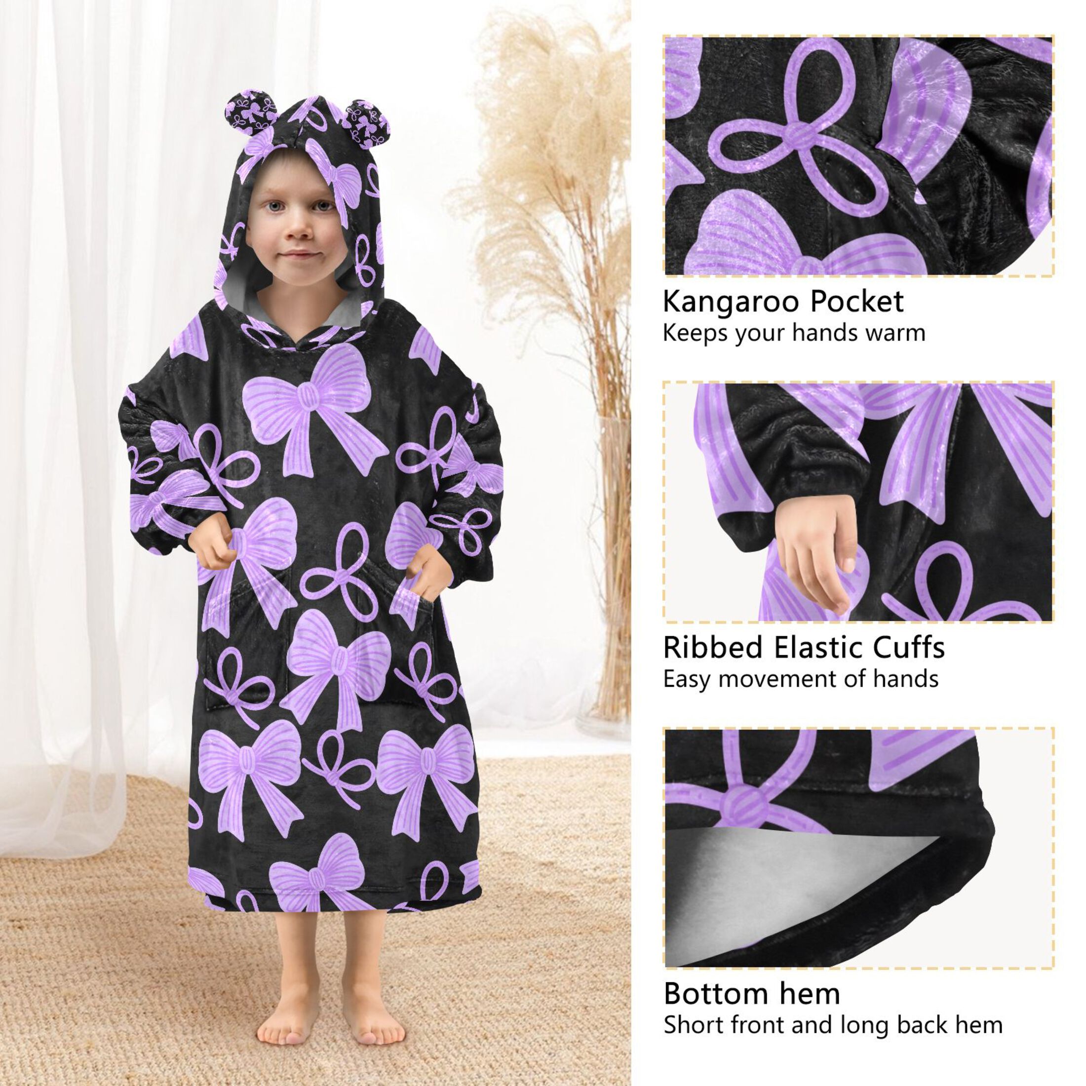joogoo Blanket Hoodie for Purple Bows Oversize Sweatshirt 3-14 YR L