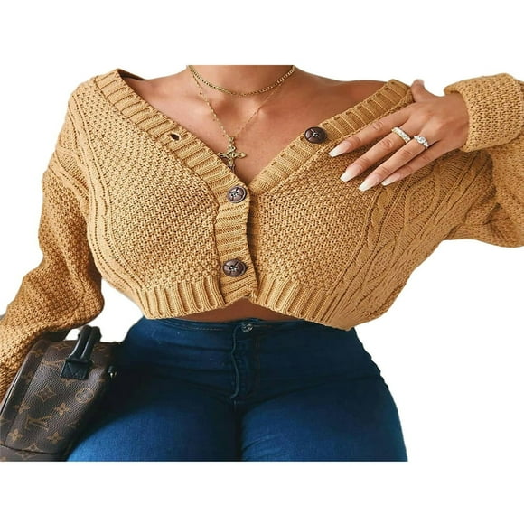 Women V Neck Button Down Cropped Cardigan Sweater Long Sleeve Chunky Cable Knit Shrug Crop Knit Tops Outwear