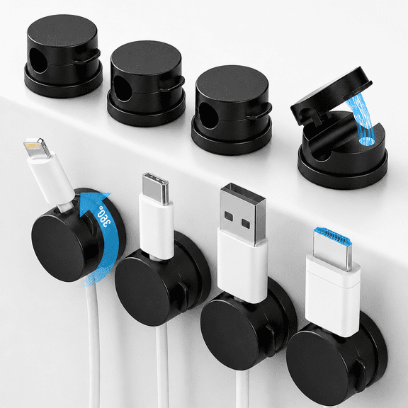 Magnetic Cable Clip 8 Pack, 360° Rotating Cord Organizer with ABS Body, Adhesive Wire Holder for Desk Nightstand Car, Black.