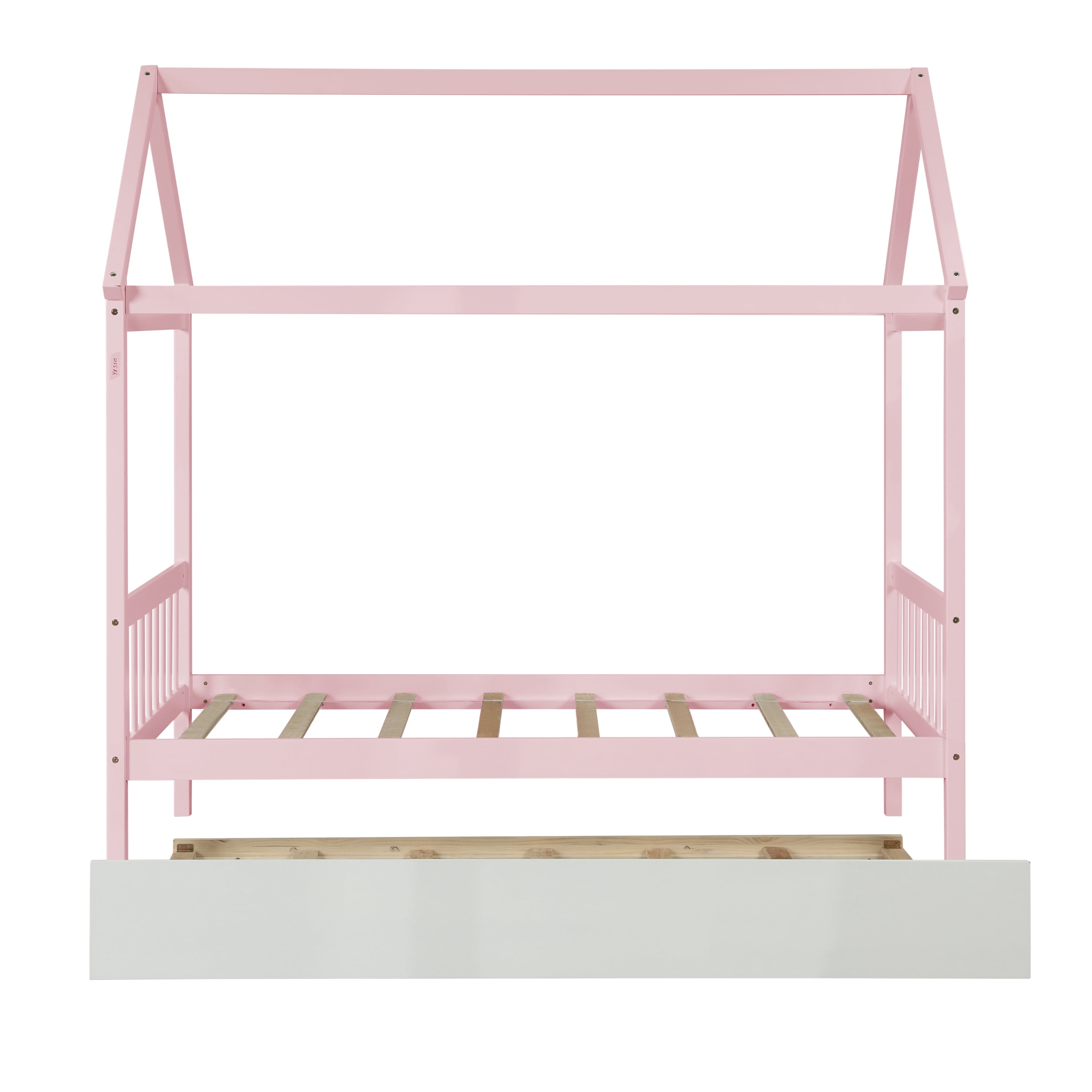 EUROCO Pine Wood House Bed with Trundle for Kids Bedroom, Pink