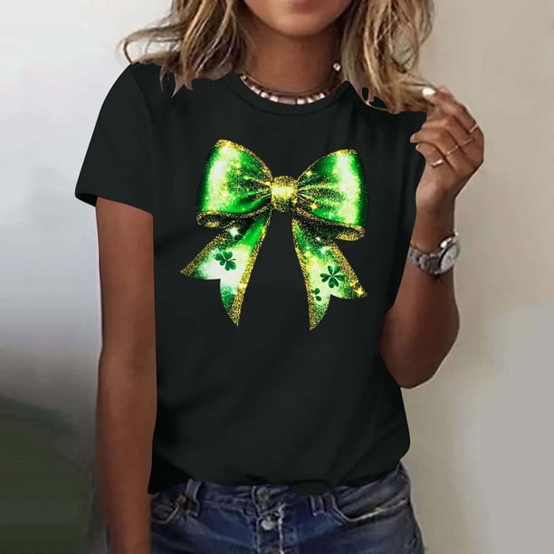 TaTaai Women's Bow Print St. Patrick's T-Shirt, Soft Breathable Cotton, Relaxed Fit, Short Sleeve Round Neck, Casual Trendy, Spring Holiday Daily Wear Multi-Color Gift