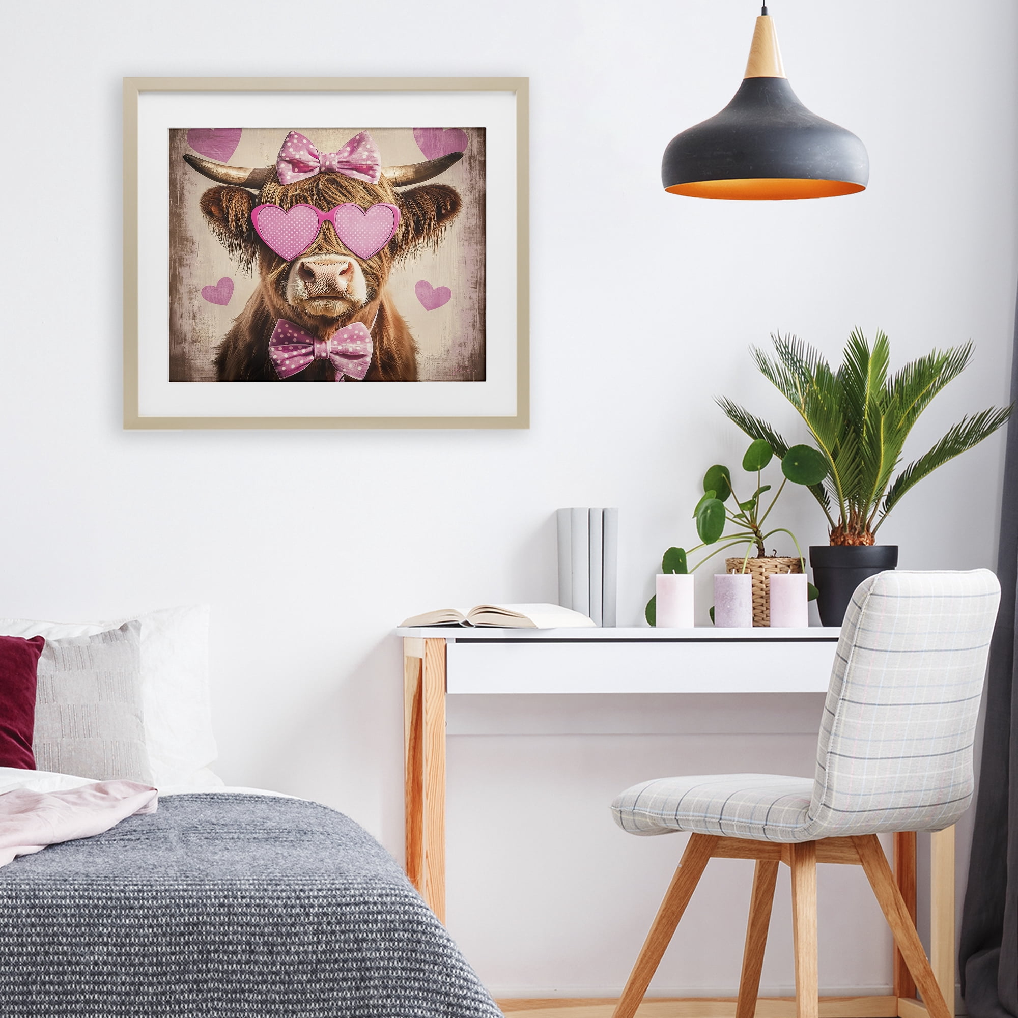 Cute Cattle Pink Hearts Birch Framed Print Under Glass, design by Shawna Stewart