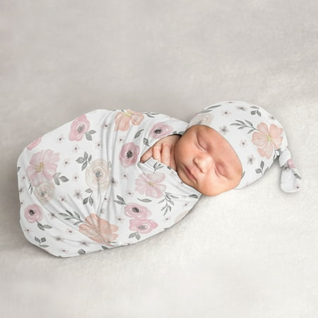UPC: 0846480084921 | Watercolor Floral Pink and Grey Baby Cocoon and Beanie Hat Sleep Sack Set by Sweet Jojo Designs