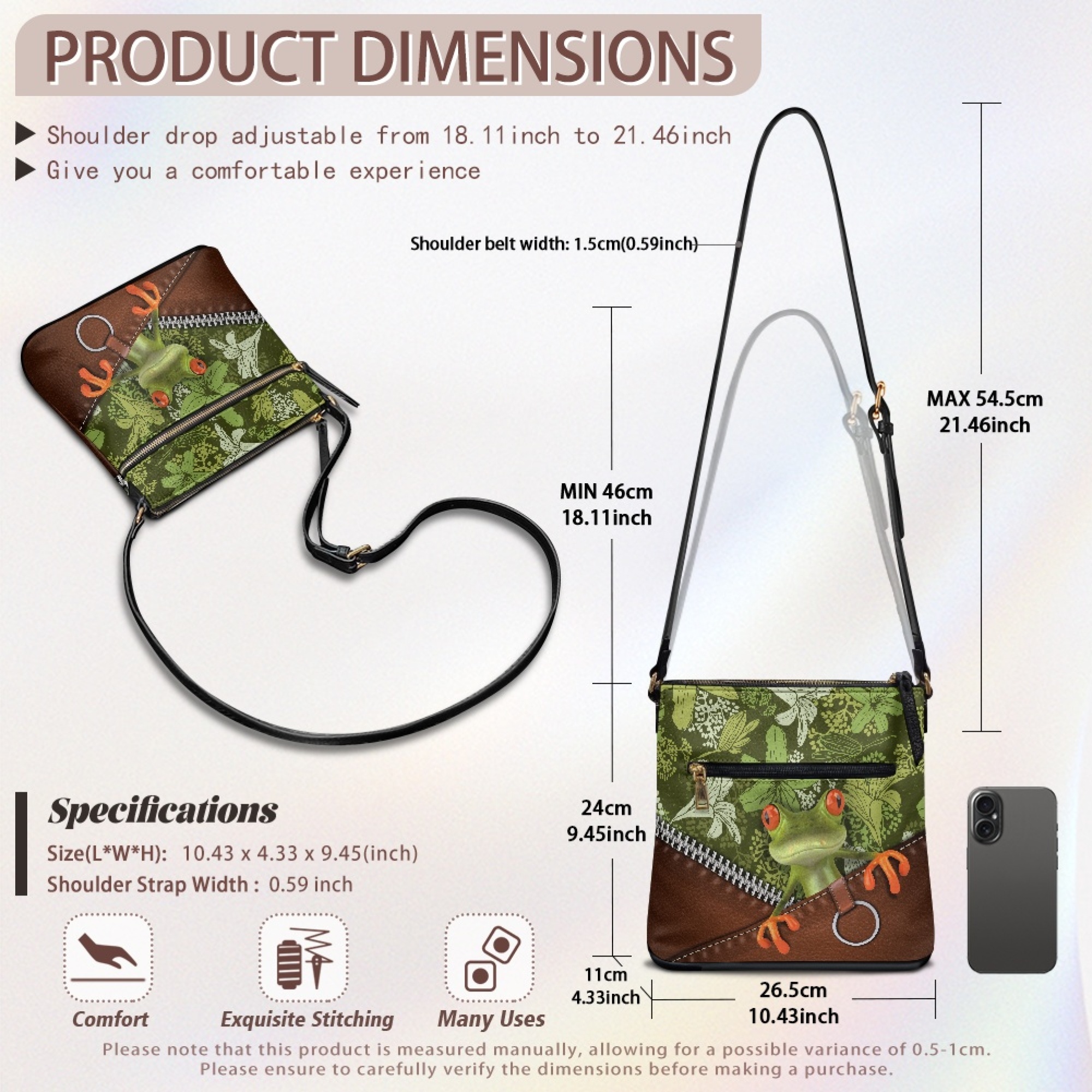 Kuiaobaty Frog Flower Print Leather Crossbody Bag for Women, Lightweight Zipped Pockets Hobo Handbag with Adjustable Strap, Roomy Durable Messenger Purse Crossbody for Travel