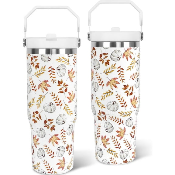 Fall Tumbler with Lid and Straw 30oz,White Pumpkin Maple Leaf Vacuum Autumn Insulated Leak Proof Tumbler,Farmhouse Gift Cute Women Kids Teen Girls,Thanksgiving Stainless Steel Coffee Cup