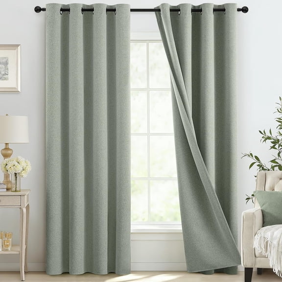 100% Blackout Sage Green Linen Curtains & Drapes 84 Inch Length | Light Blocking Full Room Darkening Grommet Insulated Thermal Window Panels for Bedroom/Living Room,52x84 inches,2