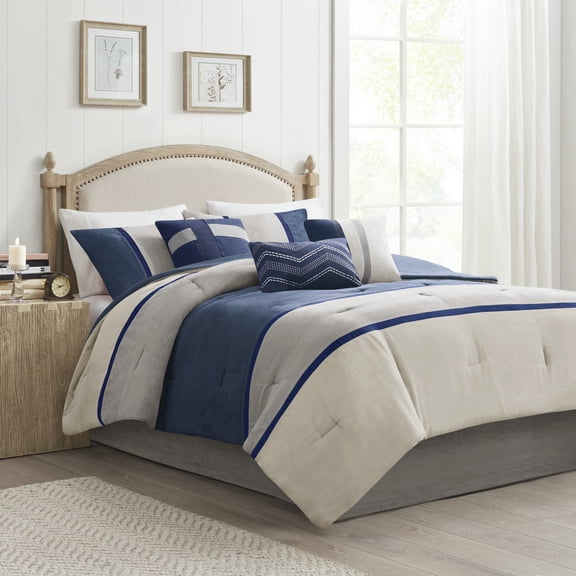 Noaman 7 Piece Faux Suede Comforter Set Blue Queen, Hypoallergenic Polyester Bedding Set with Decorative Pillows and Bed Skirt, Machine Washable