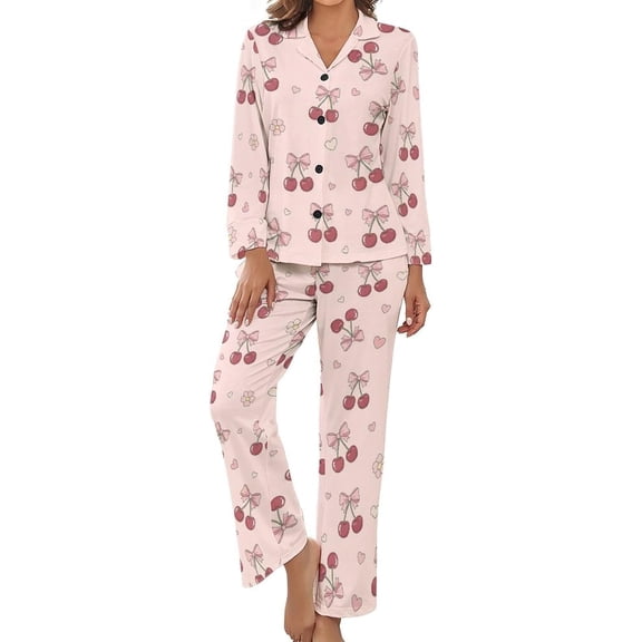 Top-kevin Pajama Sets for Womens Cherry Blossom Hearts Loose Button Down Long Sleeve Shirts And Pants Set