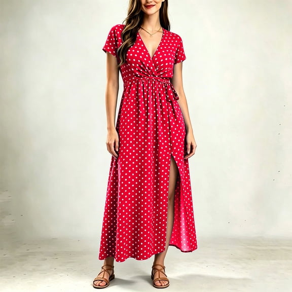 BRGZLK Vintage Maxi Dress for Women Trendy Polka Dot V Neck Short Sleeve High Waist Elegant Flowy Dresses Comfy Slit Casual Daily Wear Outing Clothes Red
